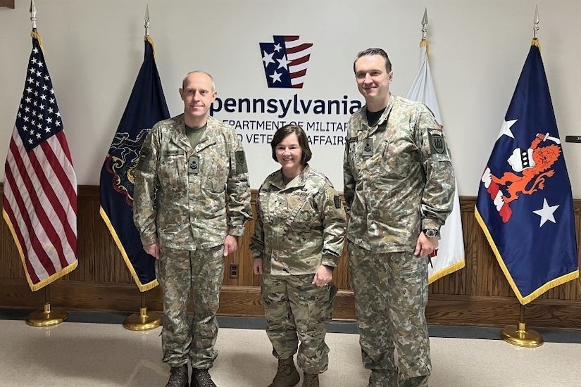 (Left to right) Brig. Gen. Arturas Radvilas, Lithuanian Land Forces commander, Brig. Gen. Laura McHugh, deputy adjutant general-Army, Pennsylvania National Guard, and Brig. Gen. Modestas Petrauskas, Lithuanian defense attaché to the United States and Canada, pose for a photo at the Pennsylvania National Guard Joint Force Headquarters at Fort Indiantown Gap, Pa., on Oct. 9, 2022. Radvilas, Petrauskas and Command Sgt. Maj. Darius Masiulis, Lithuanian Land Forces command sergeant major, visited Fort Indiantown Gap and attended the 28th Infantry Division departure ceremony in Harrisburg on Oct. 9.