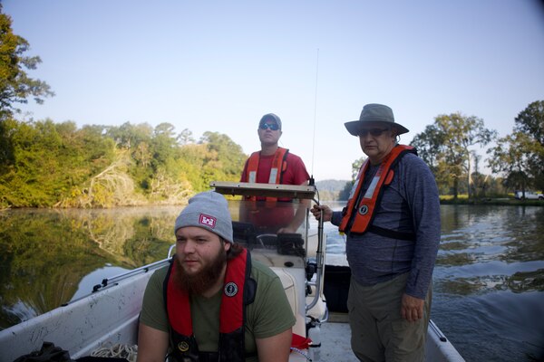 On September 19, 2022 Mobile District snorkel team members TJ Rickey, Richard Allen, and Joe Stuart out on the Choccolocco Creek in Alabama, with the purpose of evaluating potential impacts to three threatened and endangered freshwater snail species known to occur within the creek. (U.S. Army photo by Jeremy Murray)
