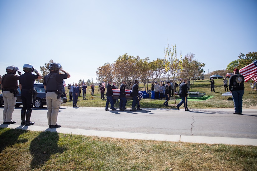 The Utah National Guard Honor Guard conducts Funeral Honors for the surviving family of U.S. Army Air Corps Sgt. Elvin L. Phillips, an Airman who was killed 79 years ago during World War II. Family from several states, friends, first responders, and service members gathered to render respect during the funeral at Utah Veterans Cemetery & Memorial Park in Bluffdale, Utah, Oct. 11, 2022. (U.S. Army National Guard Photo by Staff Sgt. Jordan Hack)