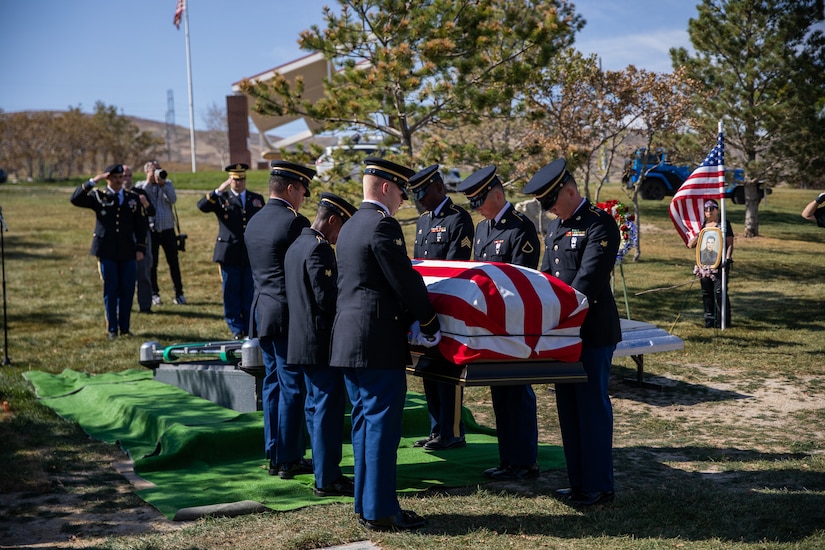 The Utah National Guard Honor Guard conducts Funeral Honors for the surviving family of U.S. Army Air Corps Sgt. Elvin L. Phillips, an Airman who was killed 79 years ago during World War II. Family from several states, friends, first responders, and service members gathered to render respect during the funeral at Utah Veterans Cemetery & Memorial Park in Bluffdale, Utah, Oct. 11, 2022. (U.S. Army National Guard Photo by Staff Sgt. Jordan Hack)