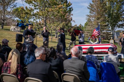 The Utah National Guard Honor Guard conducts Funeral Honors for the surviving family of U.S. Army Air Corps Sgt. Elvin L. Phillips, an Airman who was killed 79 years ago during World War II. Family from several states, friends, first responders, and service members gathered to render respect during the funeral at Utah Veterans Cemetery & Memorial Park in Bluffdale, Utah, Oct. 11, 2022. (U.S. Army National Guard Photo by Staff Sgt. Jordan Hack)