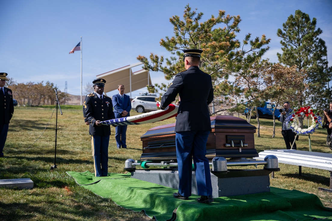 The Utah National Guard Honor Guard conducts Funeral Honors for the surviving family of U.S. Army Air Corps Sgt. Elvin L. Phillips, an Airman who was killed 79 years ago during World War II. Family from several states, friends, first responders, and service members gathered to render respect during the funeral at Utah Veterans Cemetery & Memorial Park in Bluffdale, Utah, Oct. 11, 2022. (U.S. Army National Guard Photo by Staff Sgt. Jordan Hack)