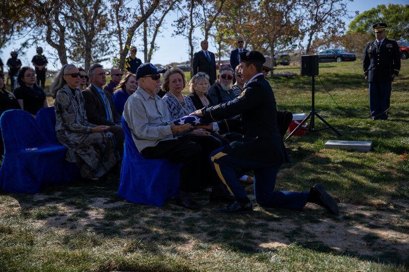 The Utah National Guard Honor Guard conducts Funeral Honors for the surviving family of U.S. Army Air Corps Sgt. Elvin L. Phillips, an Airman who was killed 79 years ago during World War II. Family from several states, friends, first responders, and service members gathered to render respect during the funeral at Utah Veterans Cemetery & Memorial Park in Bluffdale, Utah, Oct. 11, 2022. (U.S. Army National Guard Photo by Staff Sgt. Jordan Hack)