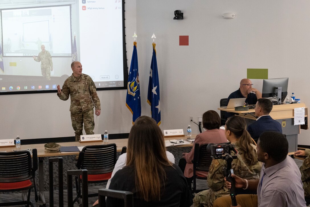 U.S. Air Force Lt. Gen. Carl E. Schaefer, Air Force Materiel Command deputy commander, provides opening comments during the 2023 Spark Tank competition Oct. 6, 2022, at the Rapid Sustainment Office in Dayton, Ohio.