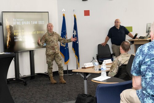 U.S. Air Force Lt. Gen. Carl E. Schaefer, Air Force Materiel Command deputy commander, provides closing remarks during the 2023 Spark Tank competition Oct. 6, 2022, at the Rapid Sustainment Office in Dayton, Ohio.