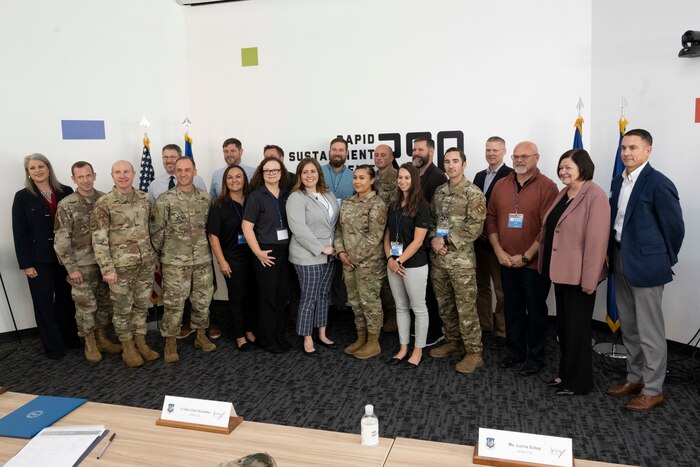 Innovators, judges, and facilitators pose for a group photograph at the conclusion of the 2023 Spark Tank competition Oct. 6, 2022, at the Rapid Sustainment Office in Dayton, Ohio.