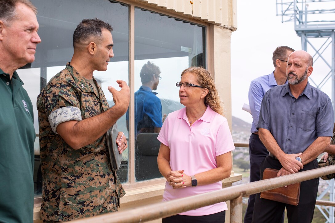 U.S. Marine Corps Col. Speros Koumparakis, commanding officer, Marine Corps Base Hawaii, speaks to Congresswoman Debbie Wasserman-Schultz, chair, House Appropriations Committee, Military Construction Sub-Committee, during a visit to Marine Corps Base Hawaii, Oct. 2, 2022. The purpose of the visit was to inform Professional Staff Members on the bases’ progression towards Force Design 2030 and the ongoing construction aboard MCBH. (U.S. Marine Corps photo by Cpl. Samantha Sanchez)