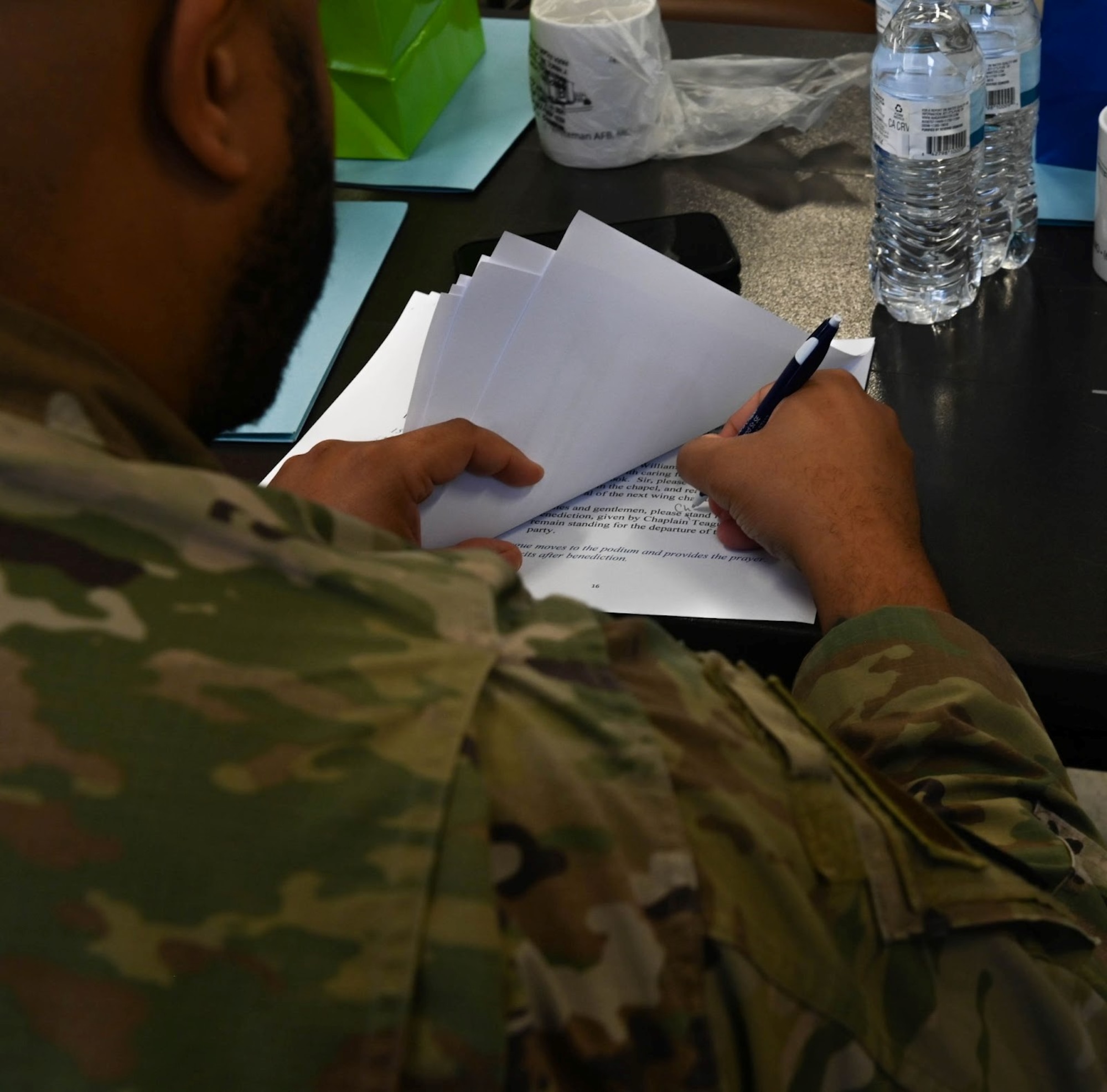 U.S. Air Force Chief Master Sgt. Steven Beasley, Air Force Global Strike Command religious affairs senior enlisted leader, transcribes notes during the Extend the Bench meeting at Whiteman Air Force Base, Missouri, September 28, 2022. Chief Beasley and Chaplain Kelley visited Whiteman Air Force Base to attend Extend the Bench’s first meeting and support the program. (U.S. Air Force photo by Airman 1st Class Hailey Farrell)