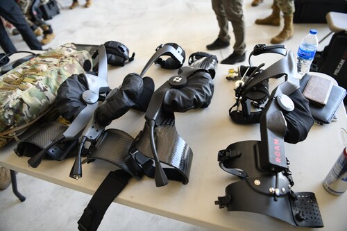The pneumatically-powered exoskeleton, developed by ROAM Robotics as part of a Direct to Phase II Small Business Innovation Research grant, is displayed during an Air Force Research Laboratory demonstration Oct. 6, 2022, at the Air Force Reserve Command’s 445th Airlift Wing, Wright-Patterson Air Force Base, Ohio.