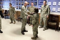 Brig. Gen. Laura McHugh, deputy adjutant general-Army, Pennsylvania National Guard, greets Brig. Gen. Arturas Radvilas, Lithuanian Land Forces commander, at the Pennsylvania National Guard Joint Force Headquarters at Fort Indiantown Gap, Pa., on Oct. 9, 2022. Radvilas, along with Brig. Gen. Modestas Petrauskas, Lithuanian defense attaché to the United States and Canada, and Command Sgt. Maj. Darius Masiulis, Lithuanian Land Forces command sergeant major, visited Fort Indiantown Gap and attended the 28th Infantry Division departure ceremony in Harrisburg.