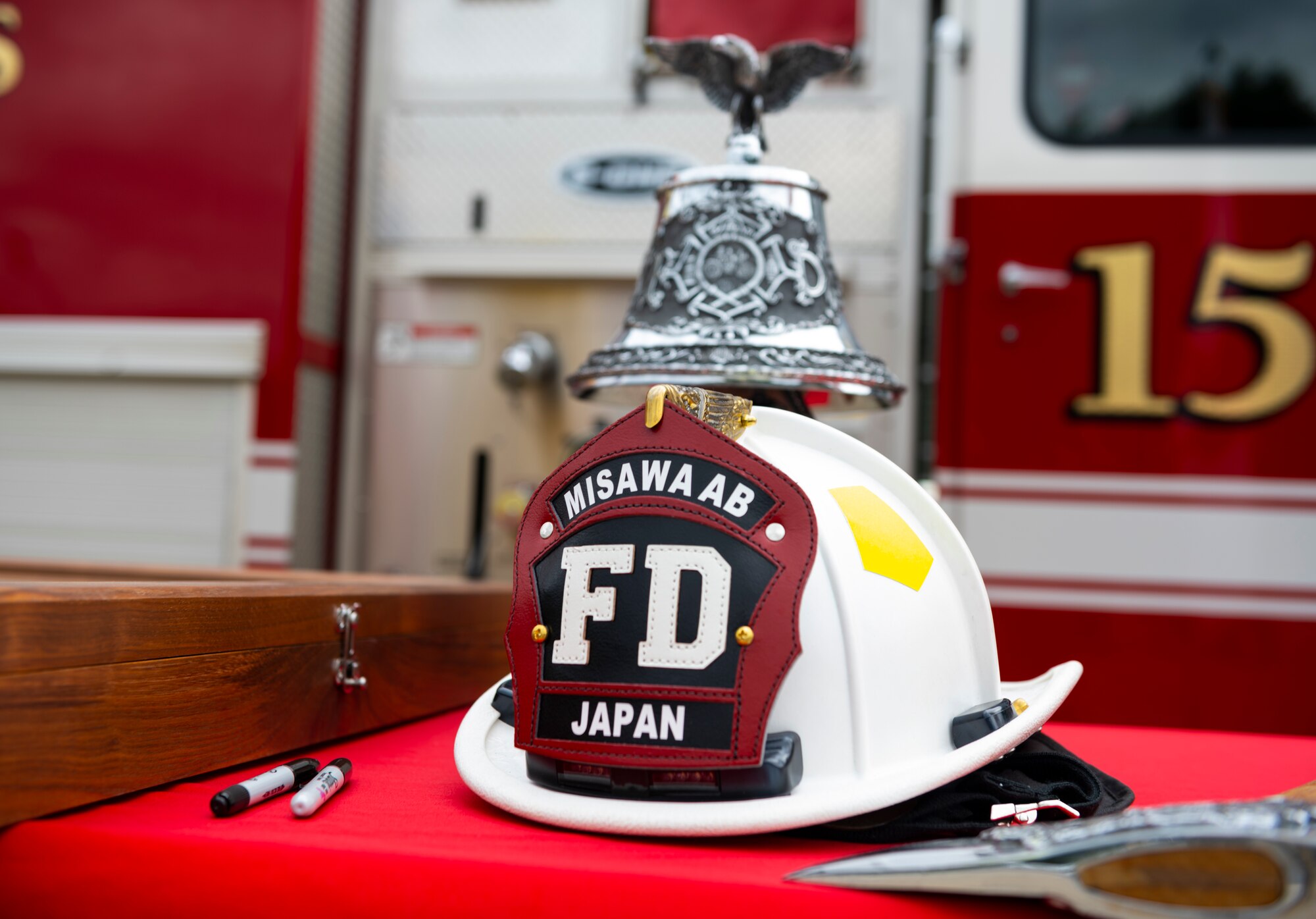 A U.S. Air Force fire department helmet being displayed at Misawa Air Base, Japan.