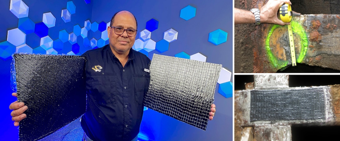 A man stands alone in a blue shirt holds two grey polymers. Two inserted images show the grey polymers inserted into steel beams.