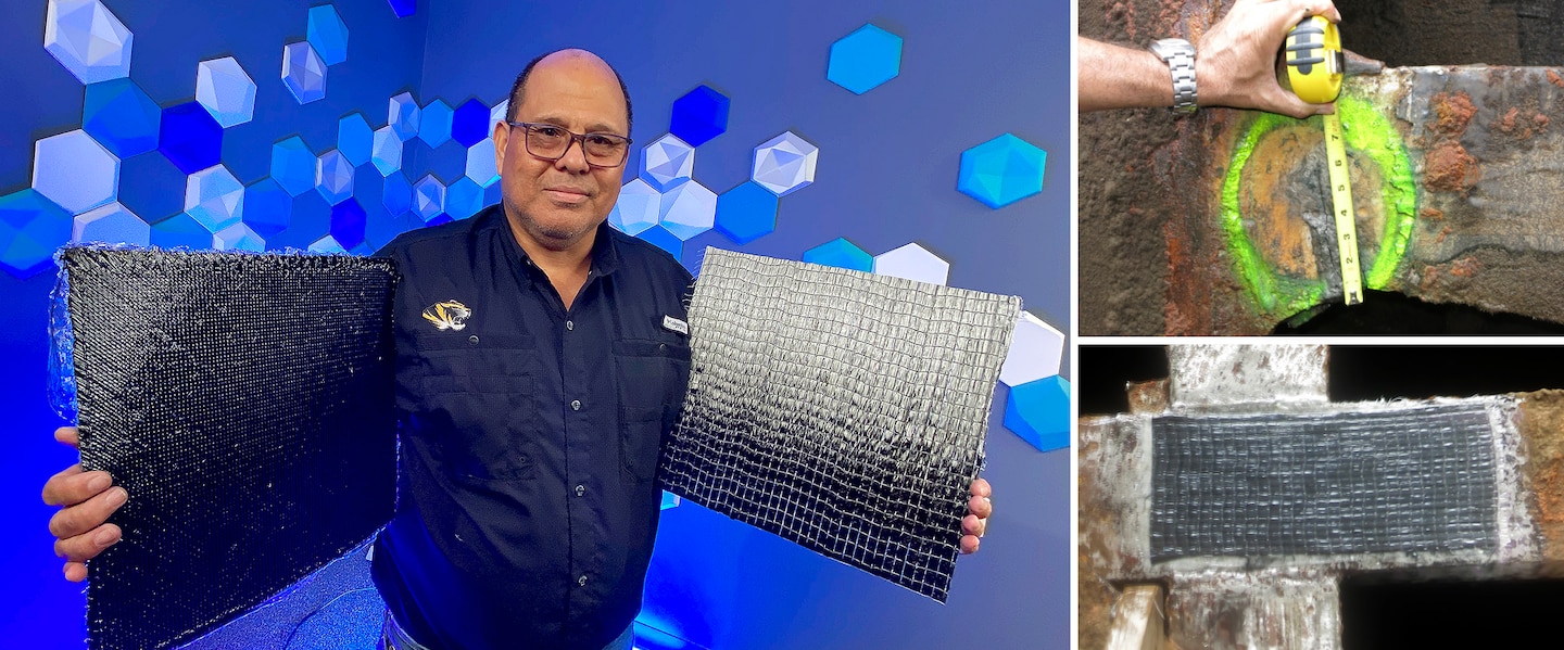 A man stands alone in a blue shirt holds two grey polymers. Two inserted images show the grey polymers inserted into steel beams.