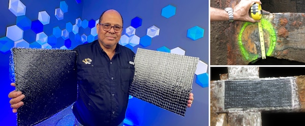 A man stands alone in a blue shirt holds two grey polymers. Two inserted images show the grey polymers inserted into steel beams.