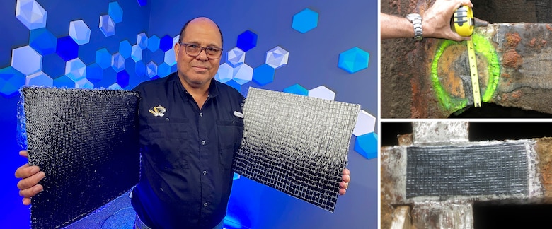 A man stands alone in a blue shirt holds two grey polymers. Two inserted images show the grey polymers inserted into steel beams.