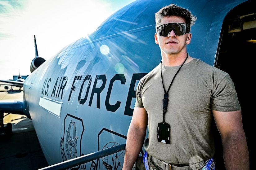 U.S. Air Force Senior Airman Austin Sondergard, 605th Aircraft Maintenance Squadron crew chief, performs pre-flight checks on a KC-10 extender at Joint Base McGuire-Dix-Lakehurst, N.J. on Oct. 10, 2022. Sondergard received brain surgery to remove an arteriovenous malformation, and later suffered losses to both memory, speech, and motor skills due to a stroke. Recovered, Sondergard returned to his duties as a Crew Chief and hobby as an avid powerlifter.