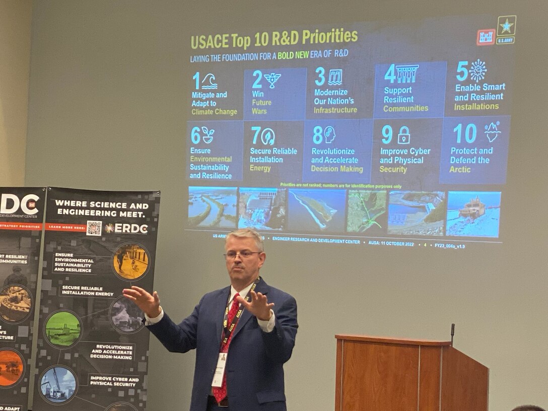 Dr. David Pittman, director of the U.S. Army Engineer Research and Development Center (ERDC), speaks at AUSA 2022.