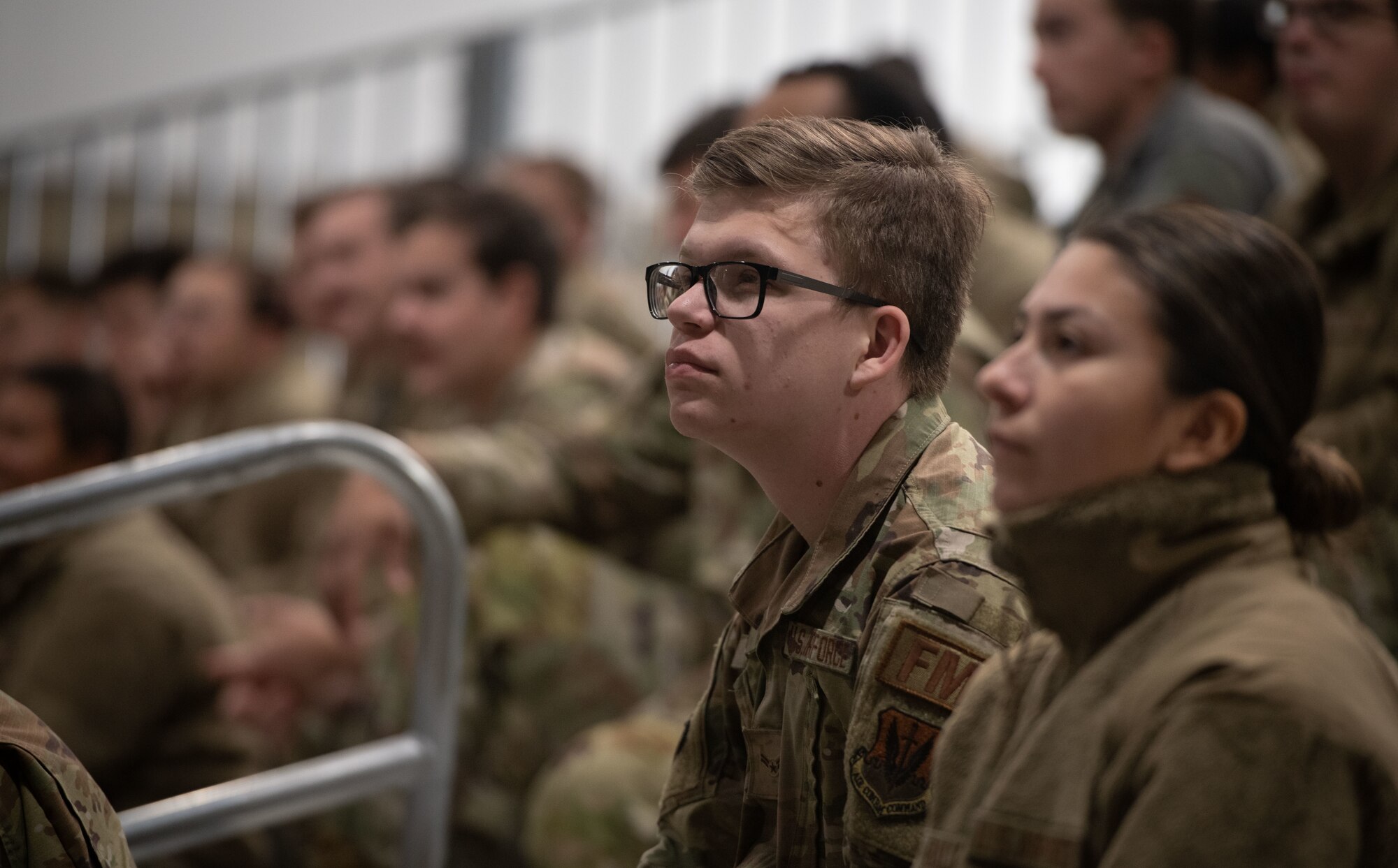 U.S. Air Force Airman 1st Class Joshua Barber, 319th Comptroller Squadron financial operations technician, listens to a safety brief Oct. 7, 2022, at the year end training initiative event at Grand Forks Air Force Base, North Dakota. The YETI is an annual pre-winter training event hosted by the 319th Reconnaissance Wing safety office to raise awareness for challenges specific to the northern tier locations. (U.S. Air Force photo by Senior Airman Phyllis Jimenez)