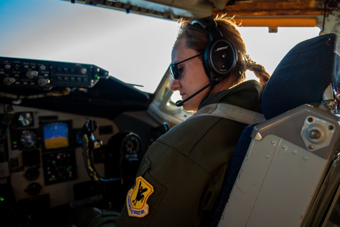 U.S. Air Force Captain Elizabeth Luke lands a KC-135 Stratotanker