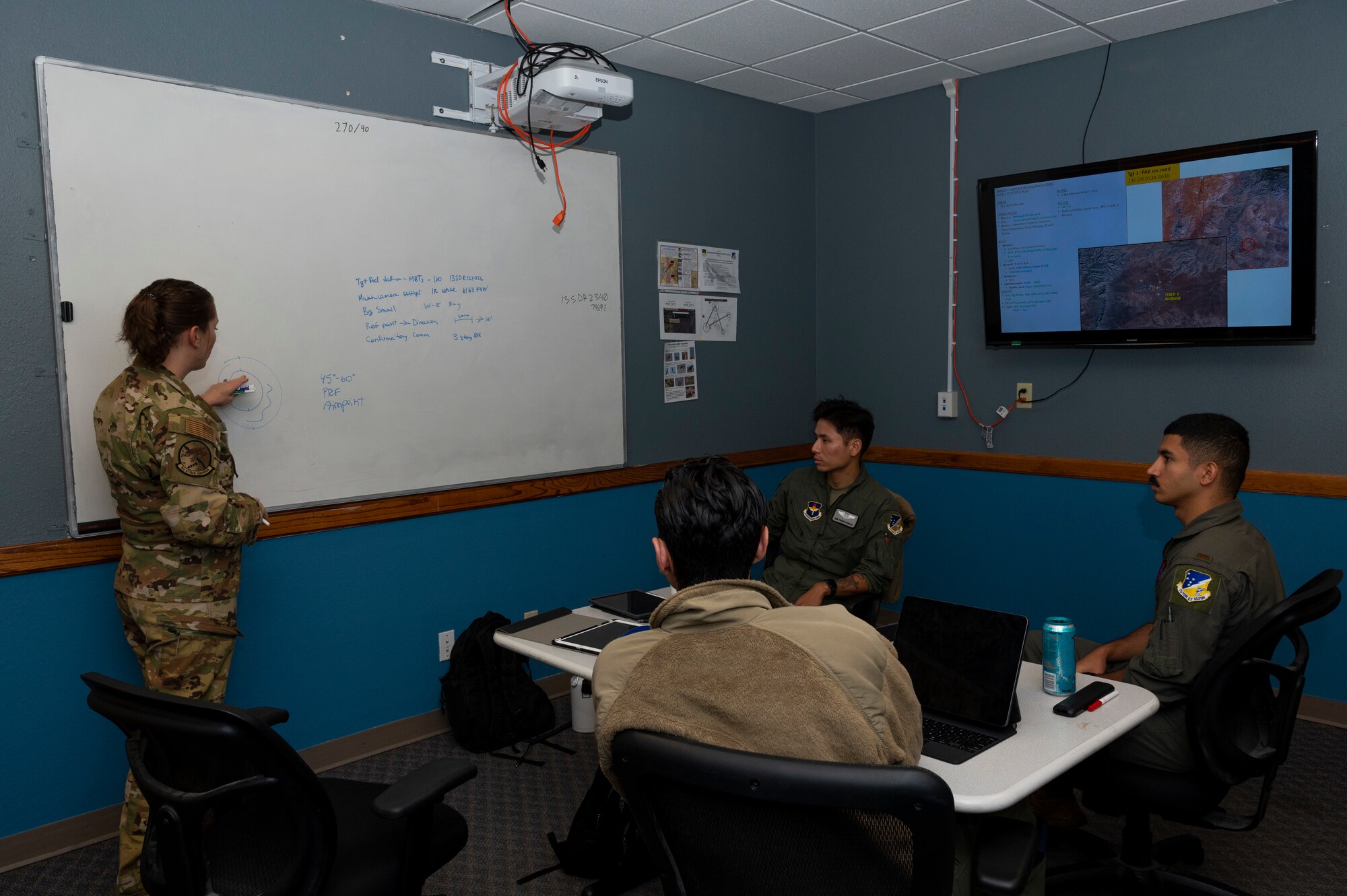 U.S. Air Force Maj. Ashley Meyer, 6th Attack Squadron MQ-9 Reaper instructor pilot, gives a briefing before a training session at Holloman Air Force Base, New Mexico, Oct. 13, 2022. The purpose of the briefing is to prepare for an upcoming MQ-9 training exercise. (U.S. Air Force photo by Airman 1st Class Isaiah Pedrazzini)