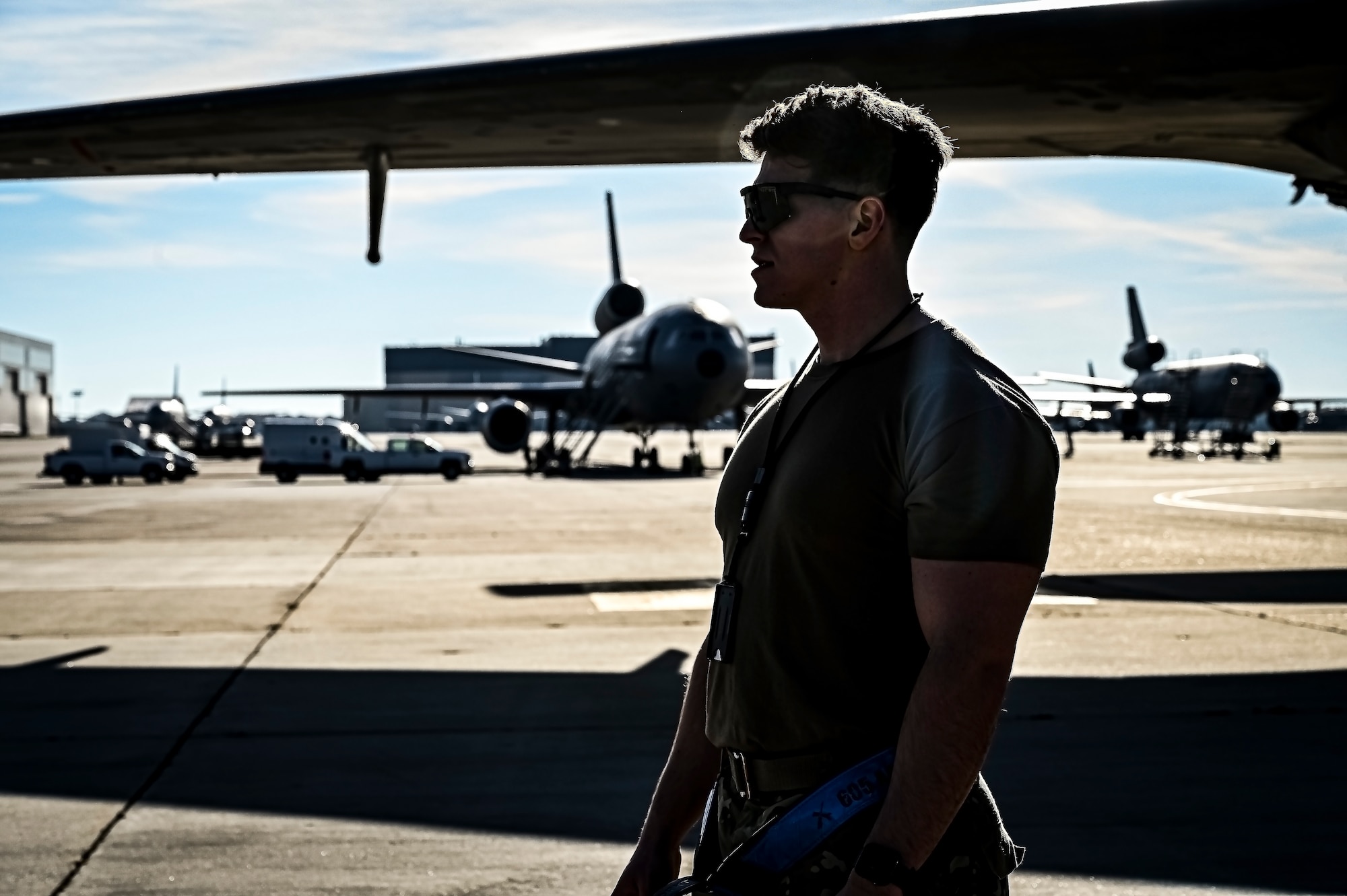 U.S. Air Force Senior Airman Austin Sondergard, 605th Aircraft Maintenance Squadron crew chief, performs pre-flight checks on a KC-10 extender at Joint Base McGuire-Dix-Lakehurst, N.J. on Oct. 10, 2022. Sondergard received brain surgery to remove an arteriovenous malformation, and later suffered losses to both memory, speech, and motor skills due to a stroke. Recovered, Sondergard returned to his duties as a Crew Chief and hobby as an avid powerlifter.