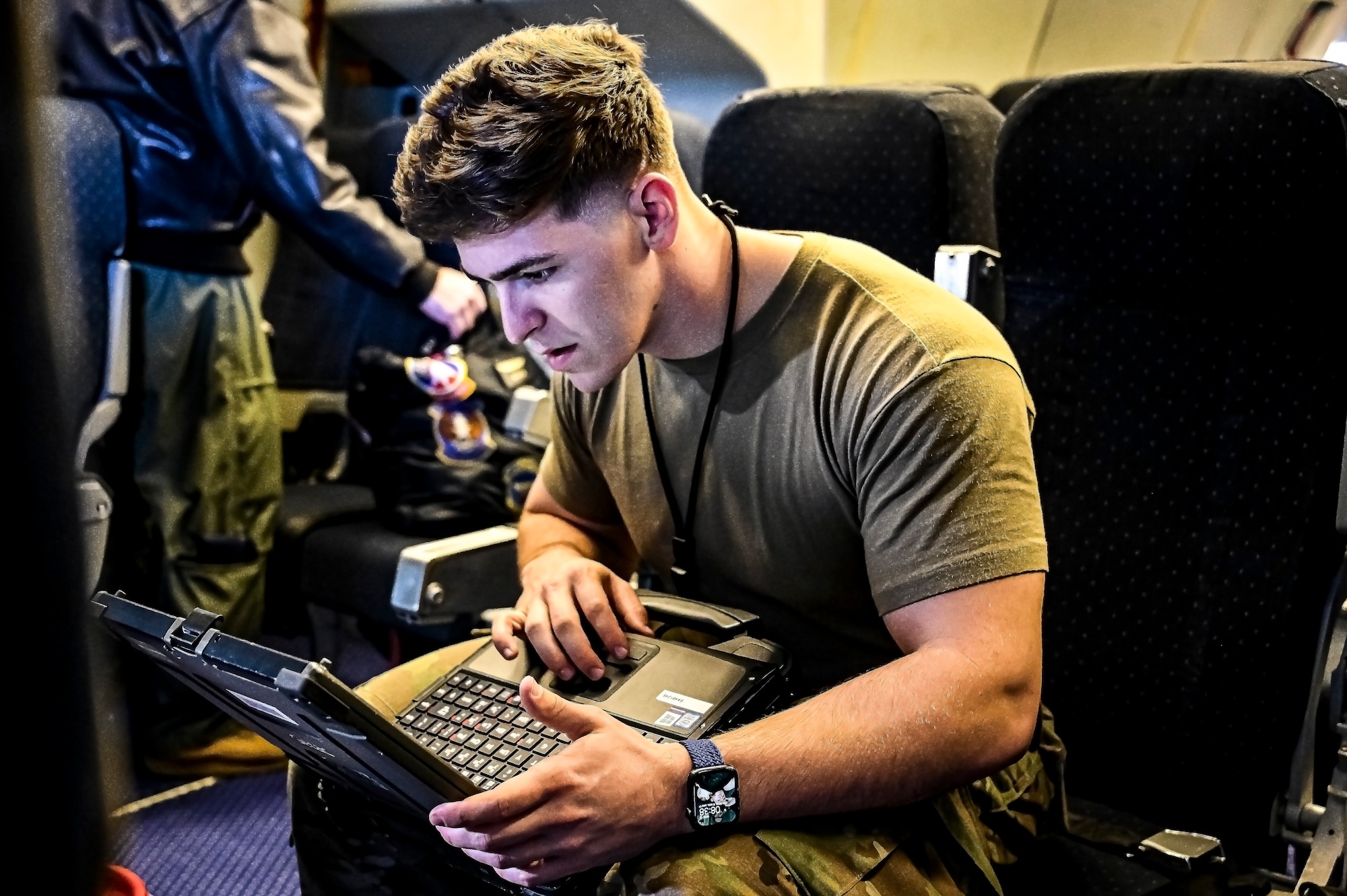 U.S. Air Force Senior Airman Austin Sondergard, 605th Aircraft Maintenance Squadron crew chief, performs pre-flight checks on a KC-10 extender at Joint Base McGuire-Dix-Lakehurst, N.J. on Oct. 10, 2022. Sondergard received brain surgery to remove an arteriovenous malformation, and later suffered losses to both memory, speech, and motor skills due to a stroke. Recovered, Sondergard returned to his duties as a Crew Chief and hobby as an avid powerlifter.