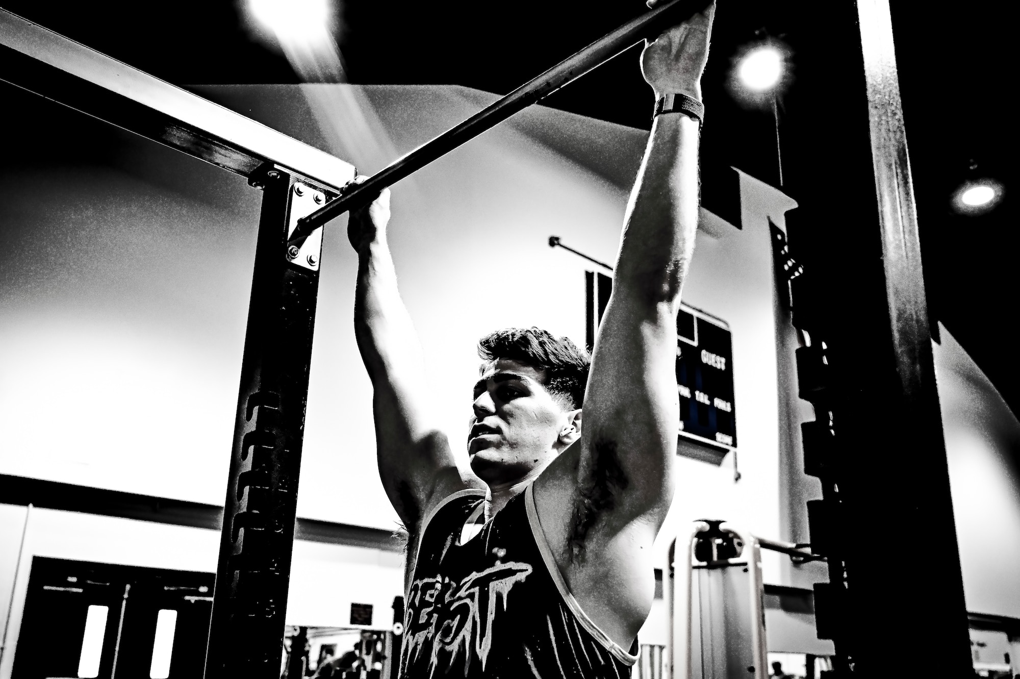 U.S. Air Force Senior Airman Austin Sondergard, 605th Aircraft Maintenance Squadron crew chief, exercises at the Griffith Field House at Joint Base McGuire-Dix-Lakehurst, N.J. on Oct. 10, 2022. Sondergard received brain surgery to remove an arteriovenous malformation, and later suffered losses to both memory, speech, and motor skills due to a stroke. Recovered, Sondergard returned to his duties as a Crew Chief and hobby as an avid powerlifter.