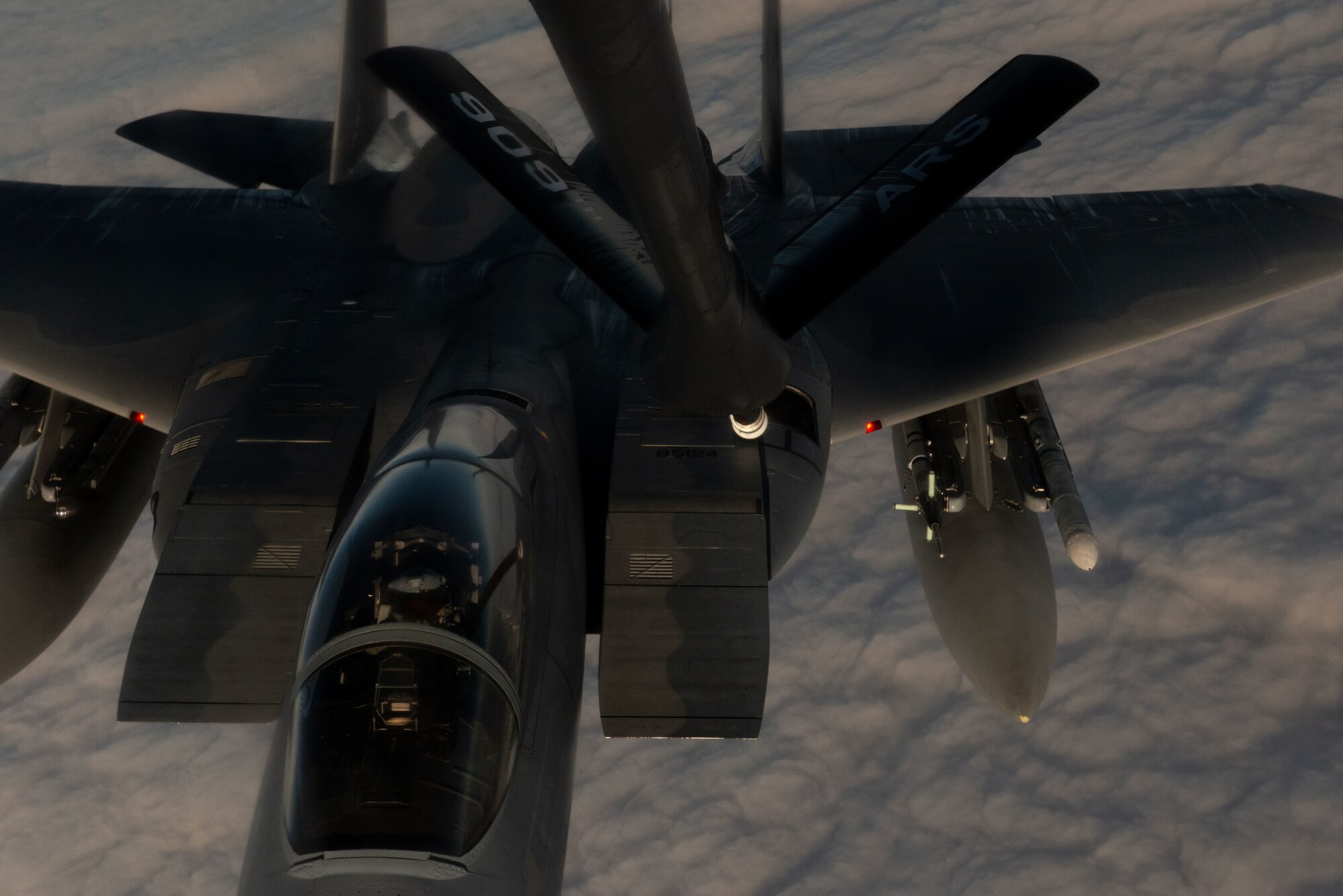 A U.S. Air Force F-15 Eagle is refueled
