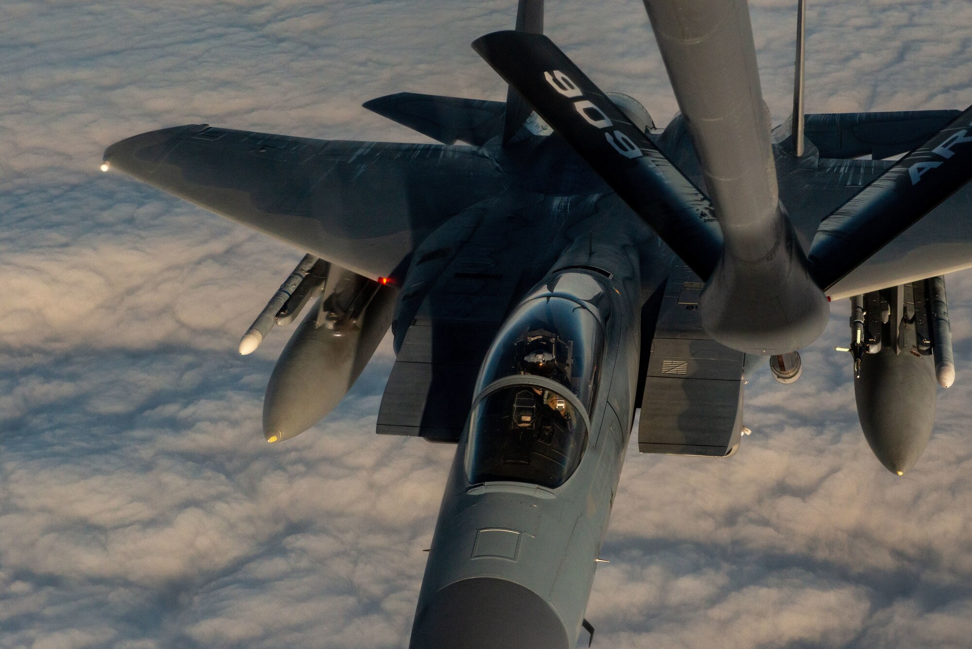 A U.S. Air Force F-15 Eagle is refueled