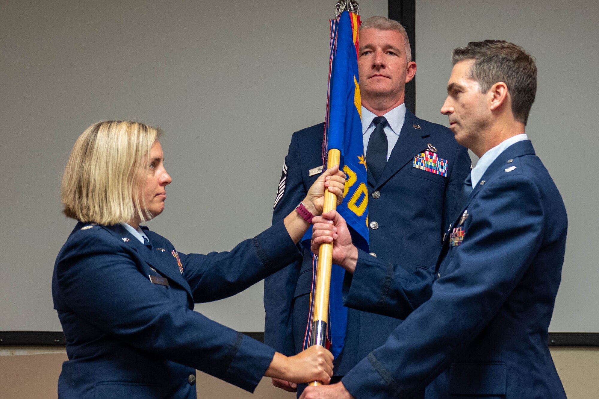 Lt. Col. Brennan McDonald assumed command of the 300th Airlift Squadron from Lt. Col. Michael Parker Oct. 15, 2022 at Joint Base Charleston, S.C. The ceremony was officiated by Lt. Col. Diane E. Patton, commander of the 315th Operations Group, JB Charleston. (U.S. Air Force photo by Tech. Sgt. Della Creech)