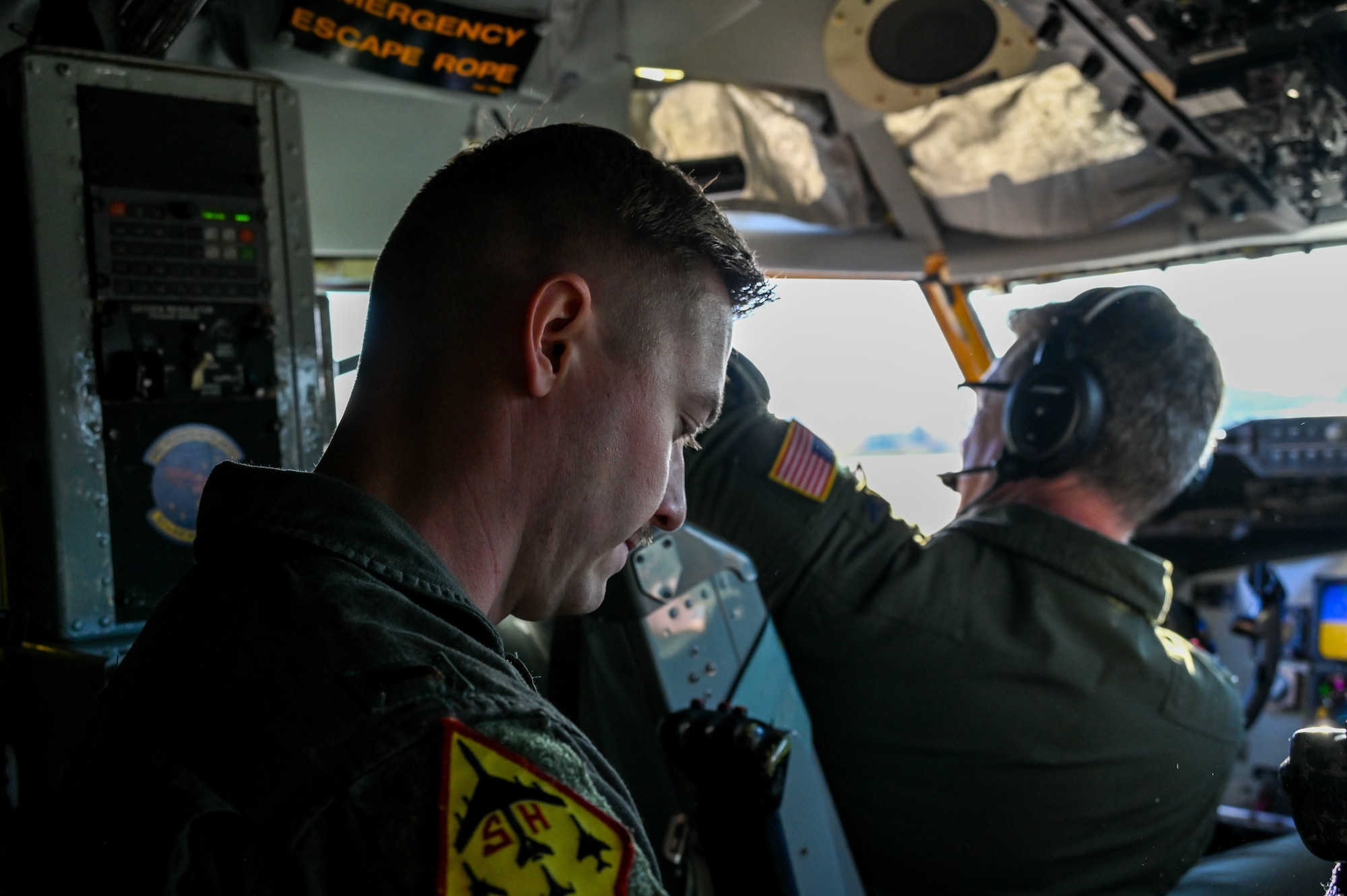 Col. Ken Humphrey, 507th Operations group commander, is joined by his son, 2nd Lt. Kennedy Humphrey, 71st Student Squadron student pilot, during his final flight as an 507th Air Refueling Wing Okie Sept. 29, 2022, Tinker Air Force Base, Oklahoma. His son will become a KC-135 pilot with the Okies at the conclusion of his training. Kennedy will be the third generation in his family to become an Okie. (U.S. Air Force photo by 2nd Lt. Mary Begy)