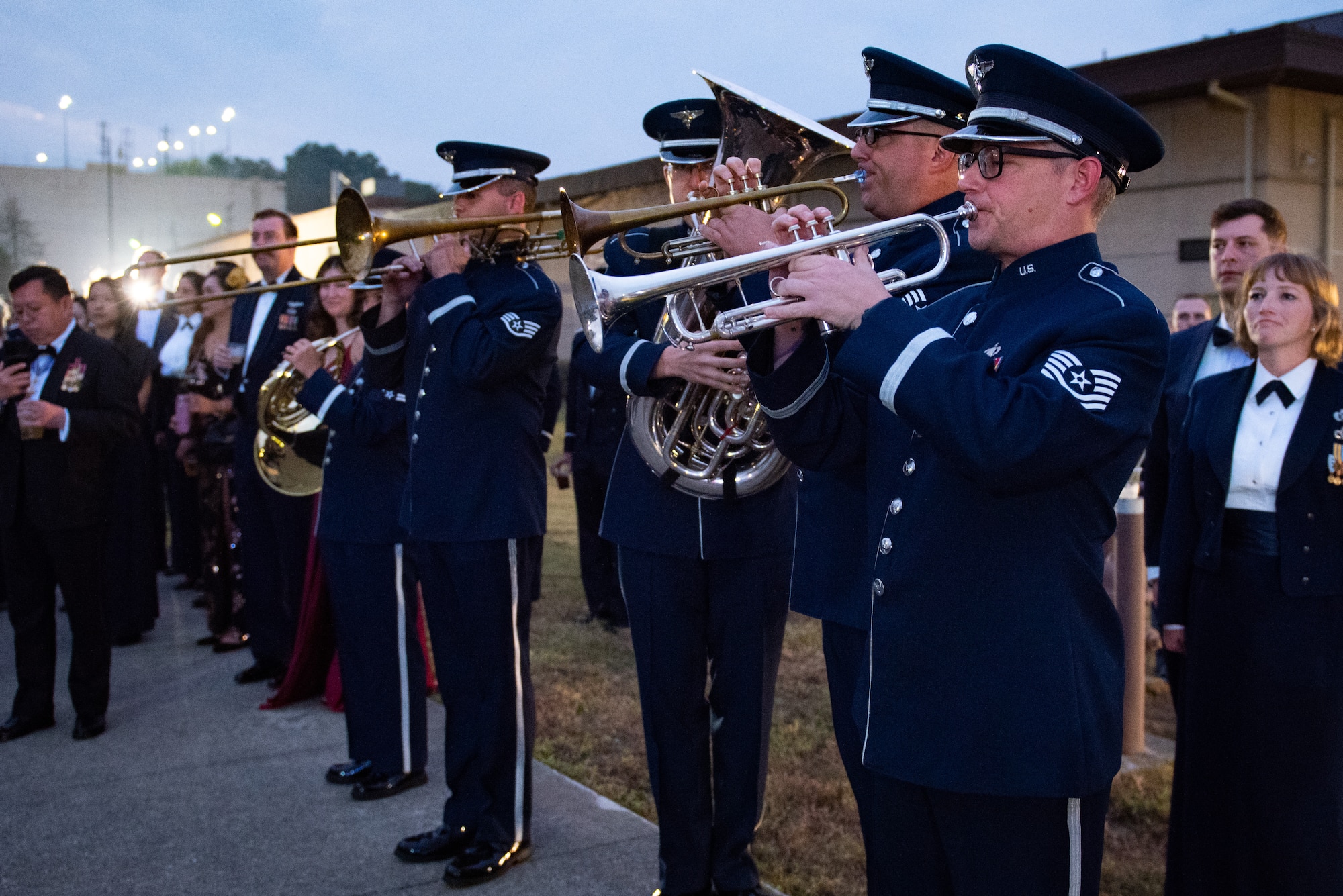 Pacific Air Force Band members play music for the arrival of the official party during the 75th Air Force Ball at Osan Air Base, Republic of Korea, Oct. 15th, 2022.