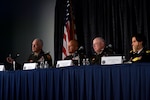 Lt. Gen. Jon Jensen, left, the director of the Army National Guard, leads a discussion panel on operational challenges during a panel forum at the annual Association of the United States Army conference in Washington, D.C., Oct. 12, 2022. Panel members, composed of senior leaders from throughout the Army Guard, focused on the Army’s regionally aligned readiness and modernization model, digital culture and future workforce as key points in ensuring Army Guard readiness.