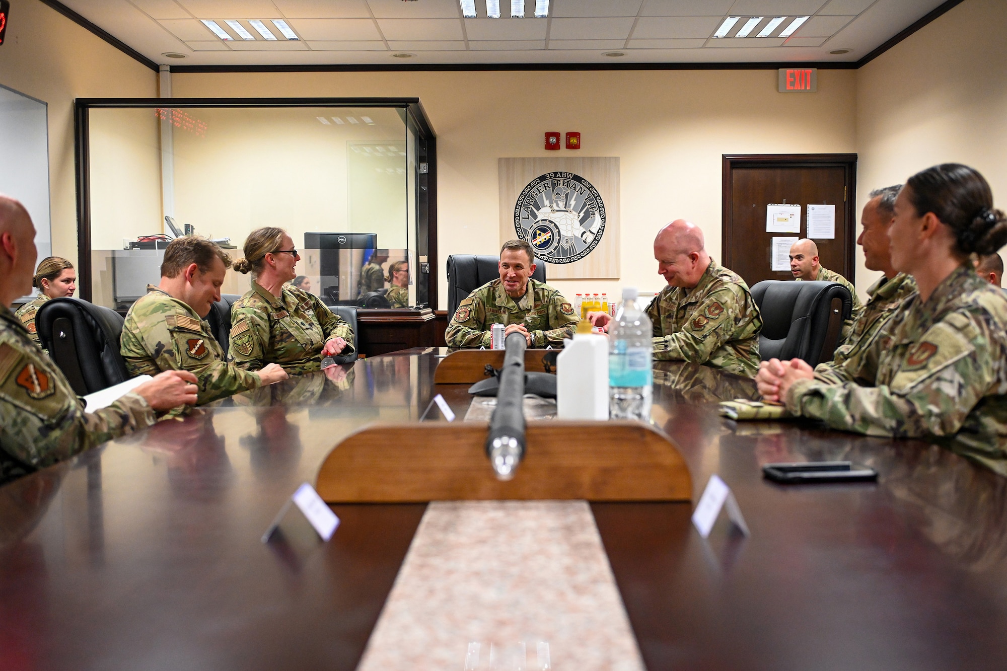 Lt. Gen. John Lamontagne, center, United States Air Forces in Europe and Air Forces Africa deputy commander, prepares to receive a wing leadership brief in the 39th Air Base Wing’s conference room at Incirlik Air Base, Turkey, Oct. 3, 2022.