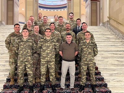 Members of the Oklahoma National Guard and the Azerbaijan army's cyber security team pose for a photo inside the Oklahoma state capitol in Oklahoma City, September 2022. The Oklahoma National Guard hosted a multi-day cyber security knowledge exchange in September focusing on how to conduct information audits. (Photo provided by Lt. Col. Sharon McCarty)