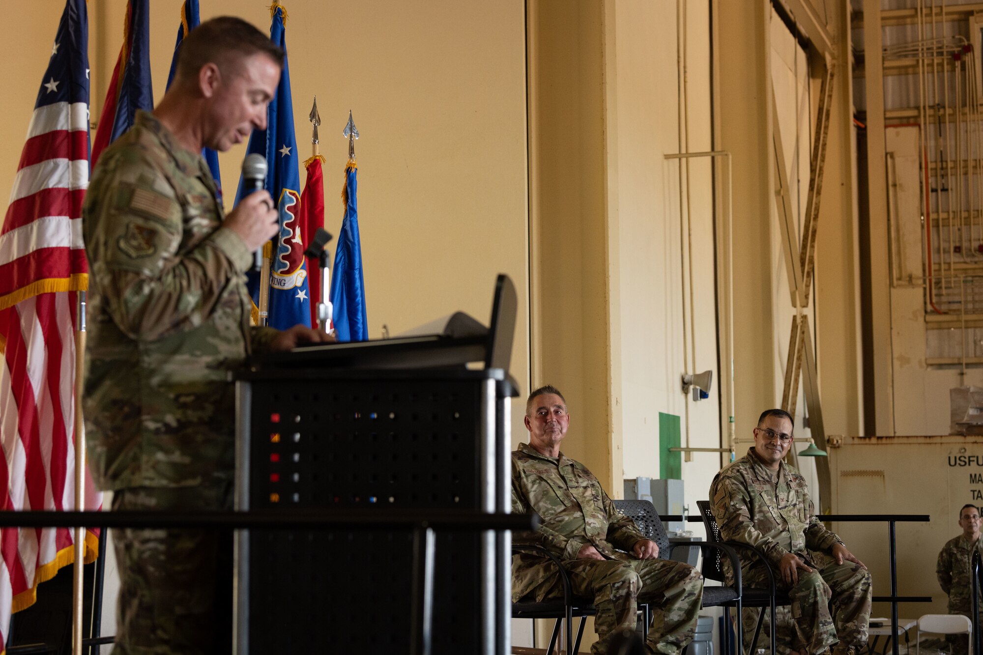 U.S. Air Force  Col. Pete Boone, the outgoing 156th Wing commander, delivers his speech to Airmen and guests during the 156th change of command ceremony at Muñiz Air National Guard Base, Carolina, Puerto Rico, Oct. 15, 2022. During his speech, Boone thanked Airmen from the Puerto Rico Air National Guard for challenging and inspiring him to be the best man, leader and officer possible. (U.S. Air National Guard photo by Staff Sgt. Eliezer Soto)