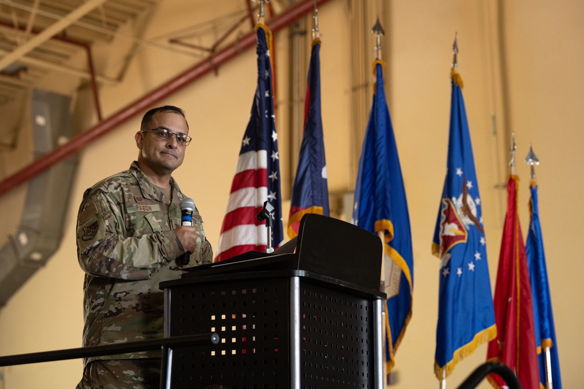 U.S. Air Force Col. Humberto Pabon Jr., the 156th Wing commander, delivers his speech after his assumption of command during the 156th Wing change of command ceremony at Muñiz Air National Guard Base, Carolina, Puerto Rico, Oct. 15, 2022. The change of command ceremony took place during the October regularly scheduled drill. (U.S. Air National Guard photo by Staff Sgt. Eliezer Soto)