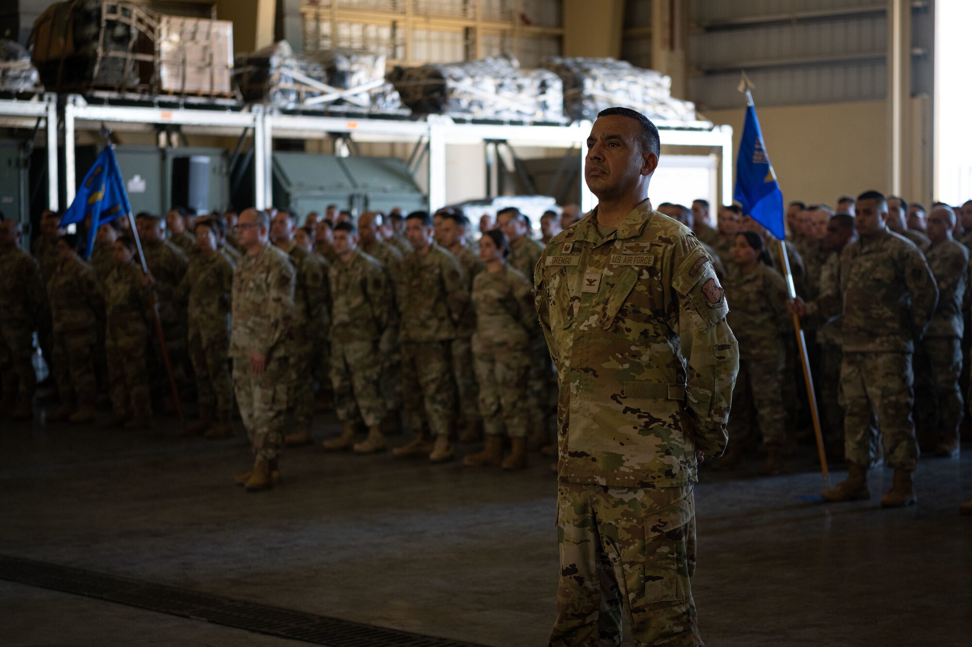 U.S. Air Force Col. Evaristo M. Orengo, III., the 156th Wing Air Commander and Airmen with the Puerto Rico Air National Guard attend the 156th Wing change of command ceremony at Muñiz Air National Guard Base, Carolina, Puerto Rico, Oct. 15, 2022. The change of command ceremony took place during the October regularly scheduled drill. (U.S. Air National Guard photo by Staff Sergeant Eliezer Soto)