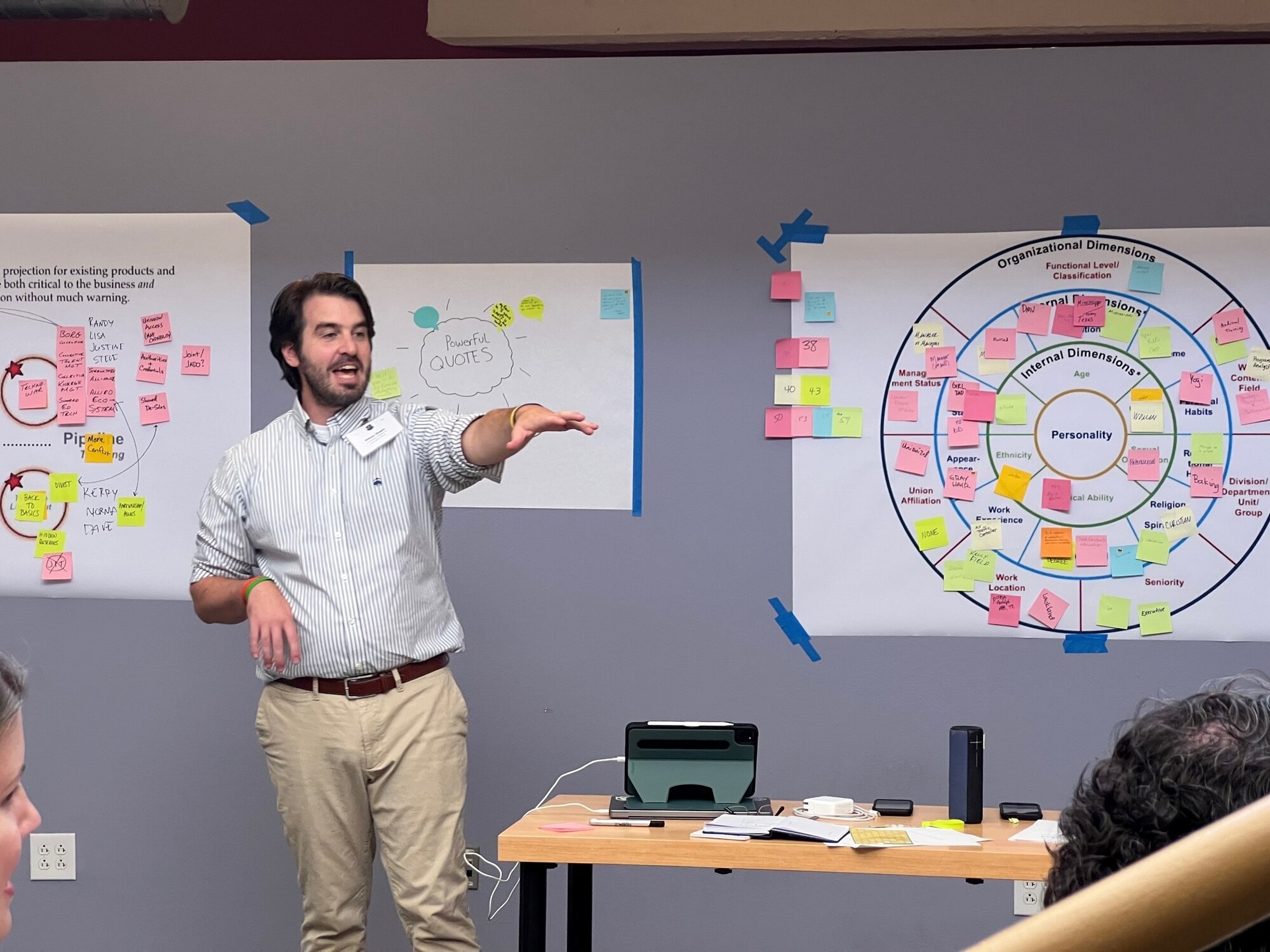 man points in front of a board while guiding participants in a break out session