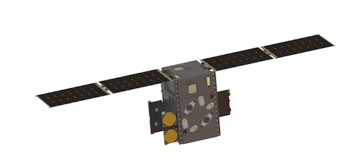 Artist’s rendering of the Ascent spacecraft, with fully deployed solar arrays. Ascent, which analyzed the survivability of commercially available electronics in geosynchronous Earth orbit, recently completed its mission objectives and is now performing extended operations. (U.S. Air Force graphic)
