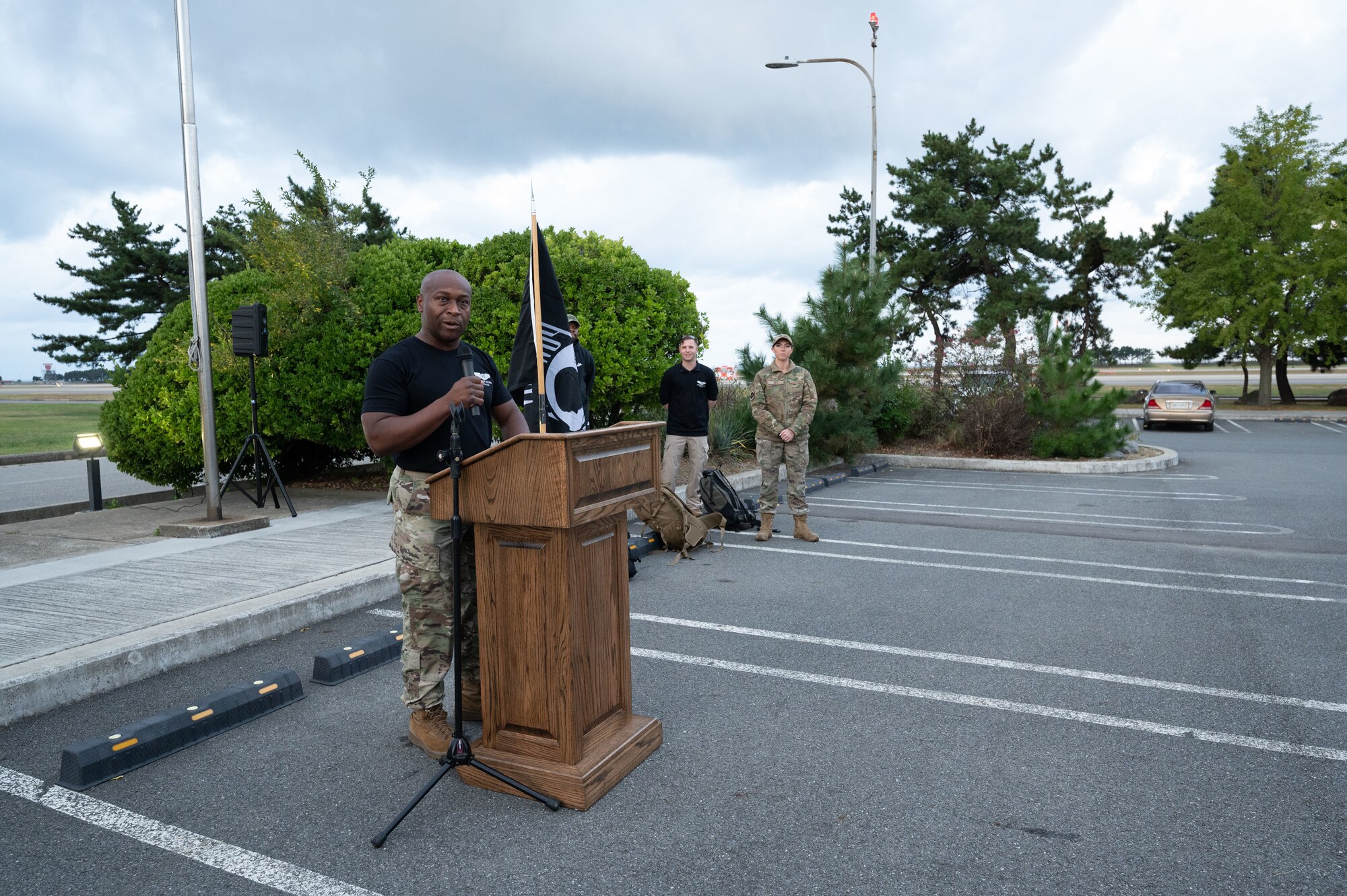 Col. Henry R. Jeffress, 8th Fighter Wing commander, gives opening remarks prior to a Prisoner of War and Missing in Action ruck at Kunsan Air Base, Republic of Korea, Oct. 7, 2022. During the event, more than 100 Airmen gathered to pay their respects to prisoners of war and the more than 81,000 U.S. service members who went missing during past conflicts. (U.S. Air Force photo by Staff Sgt. Sadie Colbert)