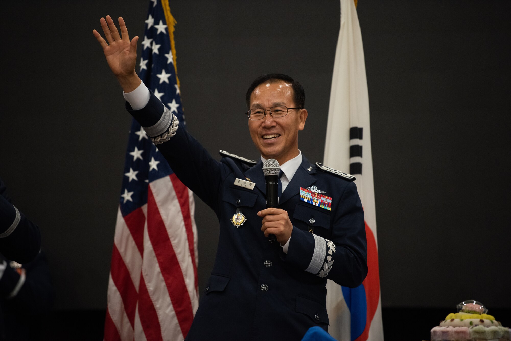 Republic of Korea Air Force Maj. Gen. Seok-Rak Son, Air Defense and Control commander, gives a closing speech after a cake cutting ceremony at the 75th U.S. Air Force Ball at Osan Air Base, Republic of Korea, Oct. 15th, 2022.