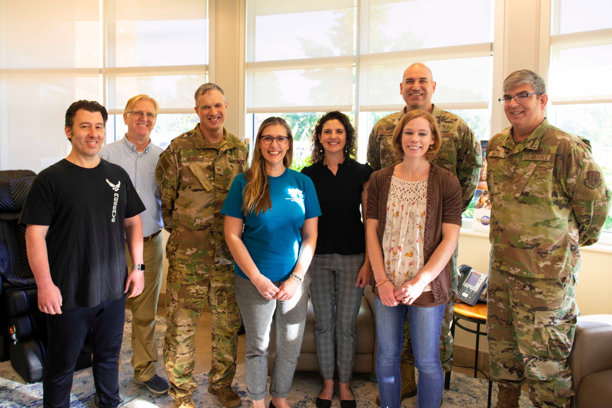 From left to right: Eric Neal, 934 AW Health and Fitness program manager, Michael Sanford, 934 AW Violence Prevention Integrator, Col Gregory Berry, 934 AW vice commander, Chayo Smith, 934 AW Bioenvironmental Engineering Flight and Public Health Services chief, Kelly Wilkinson, 934 AW Military and Family Readiness Programs director, Elizabeth Swanson, 934 AW Sexual Assault Response Coordinator, Chaplain Brokenshire, 934 AW deputy wing chaplain and Master Sgt. Ralph Simcox, superintendent of religious affairs pose for a photo during the opening of the new wellness center at the Minneapolis-St. Paul Air Reserve Station, Minnesota on Oct. 5, 2022. (U.S. Air Force photo by Chris Farley) The wellness center is for base personnel to use for de-stressing from work tension or for simply relaxing in a comfortable environment.