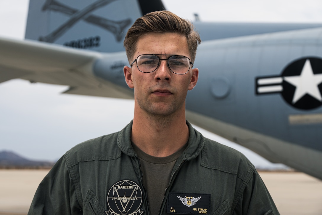 U.S. Marine Corps Cpl. Joseph Gilstrap is a fixed-wing loadmaster with Marine Aerial Refueler Transport Squadron 352 at Marine Corps Air Station Miramar, California. VMGR-352 is a U.S. Marine Corps KC-130J squadron that provides aerial refueling capabilities to support air operations along with the transportation of equipment and supplies. (U.S Marine Corps photo by Sgt. Emely Gonzalez)