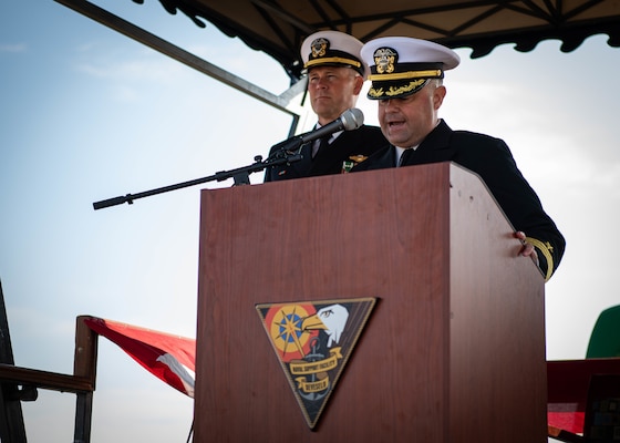 Cmdr. Jonathan P. Schermerhorn delivers remarks during a U.S. Aegis Ashore Missile Defense System Romania (USAAMDSRO) change of command ceremony on Naval Support Facility (NSF) Deveselu, Romania, Oct. 14, 2022.