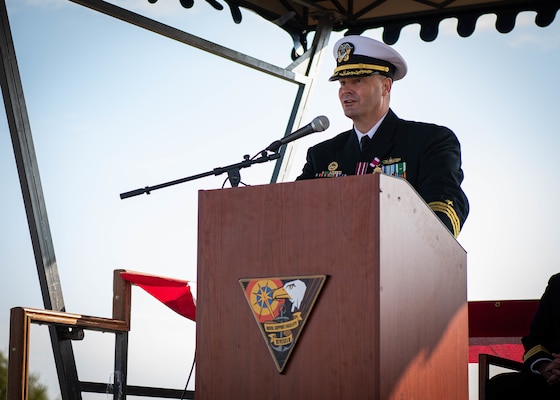 Cmdr. Frederick G. Hettling delivers remarks during a U.S. Aegis Ashore Missile Defense System Romania (USAAMDSRO) change of command ceremony on Naval Support Facility (NSF) Deveselu, Romania, Oct. 14, 2022.