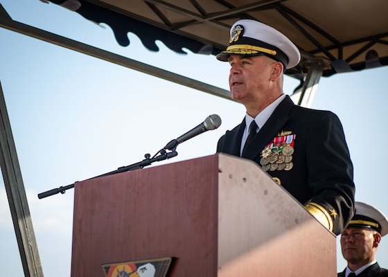 Rear Adm. Brendan McLane, Commander Naval Surface Force Atlantic, delivers remarks during a U.S. Aegis Ashore Missile Defense System Romania (USAAMDSRO) change of command ceremony on Naval Support Facility (NSF) Deveselu, Romania, Oct. 14, 2022.