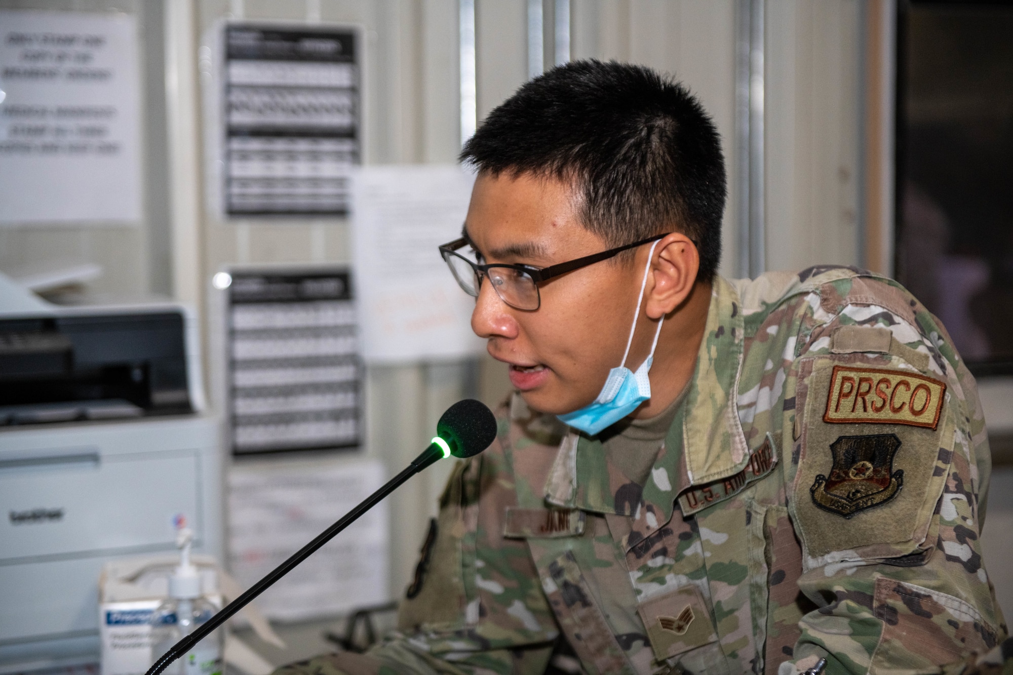 Members of the 379th Expeditionary Force Support Squadron Personnel Support for Contingency Operations team in-process incoming personnel on Al Udeid Air Base, Qatar, Oct. 14, 2022. The Reception Control Center ensures records are properly maintained for inbound personnel. (U.S. Air National Guard photo by Airman 1st Class Constantine Bambakidis) (Photo was modified for security purposes)