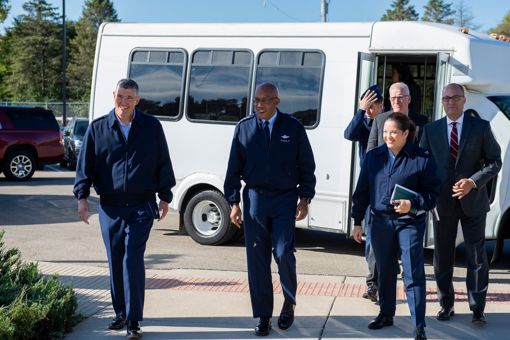 Col. Kenneth Stremmel, Global Exploitation Intelligence Group commander, Air Force Chief of Staff Gen. CQ Brown, Jr., and Col. Ariel Butungbacal, National Air and Space Intelligence Center commander, head into NASIC’s foreign materiel exploitation facility, Wright-Patterson Air Force Base, Ohio, Oct. 10, 2022. During Brown’s trip to Wright-Patterson, he visited NASIC for a capabilities tour and a series of intelligence briefings. (U.S. Air Force photo by Staff Sgt. Samuel Earick)