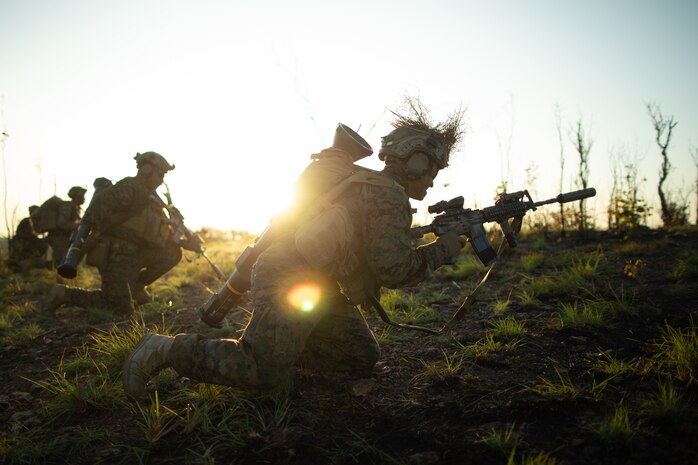 U.S. Marines with India Company, 3rd Battalion, 7th Marine Regiment, Ground Combat Element, Marine Rotational Force-Darwin 22, approach a support by fire position during a platoon live-fire attack as part of exercise Darrandarra 22, at Mount Bundey Training Area, NT, Australia, June 10, 2022. Exercise Darrandarra 22 increases MRF-D 22’s readiness to respond to realistic crises throughout the range of military operations within the region.